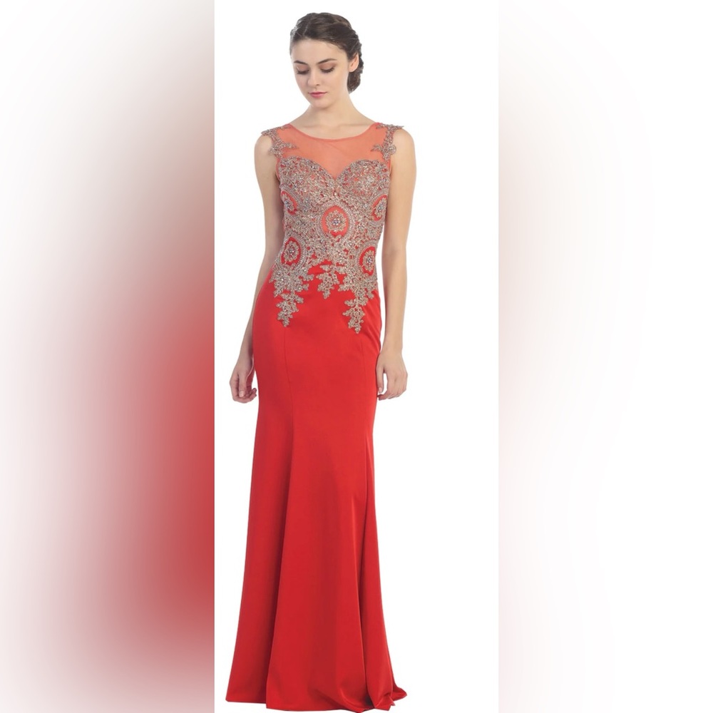 Red floral dress with beading and appliqués